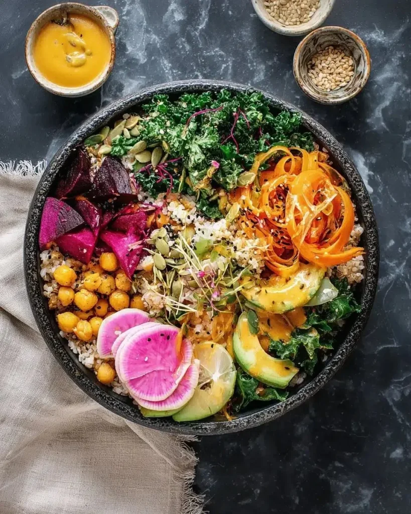 Colorful Buddha Bowl with fresh vegetables, grains, and dressing