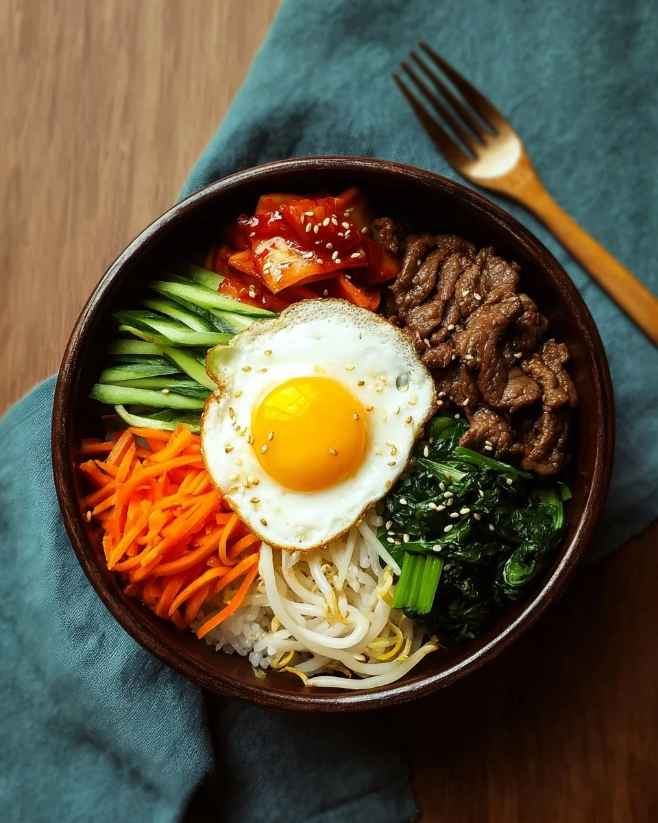 Bibimbap 1 A delicious bowl of Bibimbap with colorful vegetables, rice, and sauce.