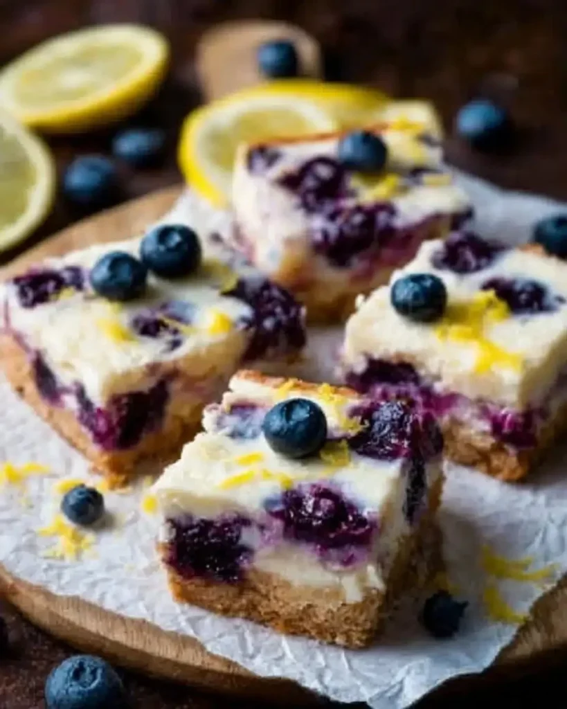 Bright lemon and blueberry cheesecake bars on a serving plate