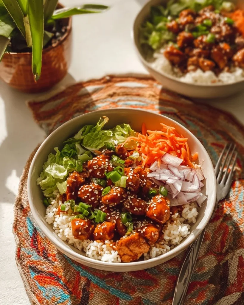 Delicious Buffalo Chicken Bowls topped with fresh ingredients and spicy sauce