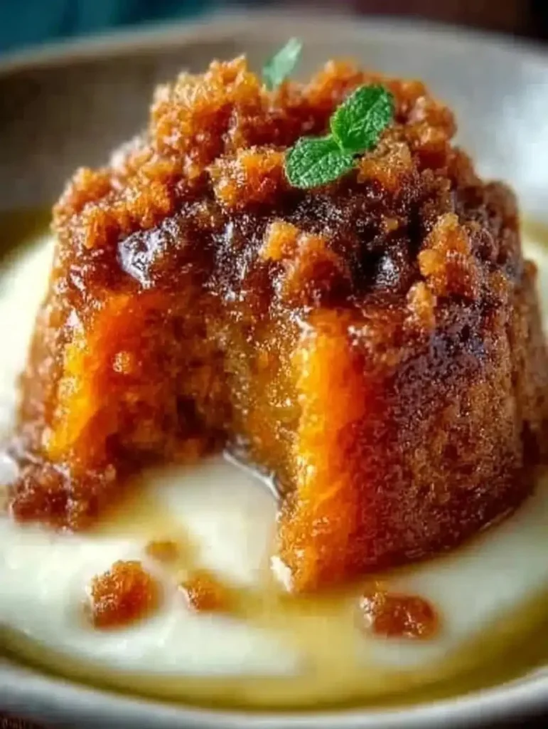 Delicious Carrot Pudding drizzled with Brown Sugar Sauce