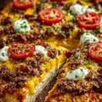 Cheeseburger pizza topped with beef, cheese, and pickles for a delicious twist.
