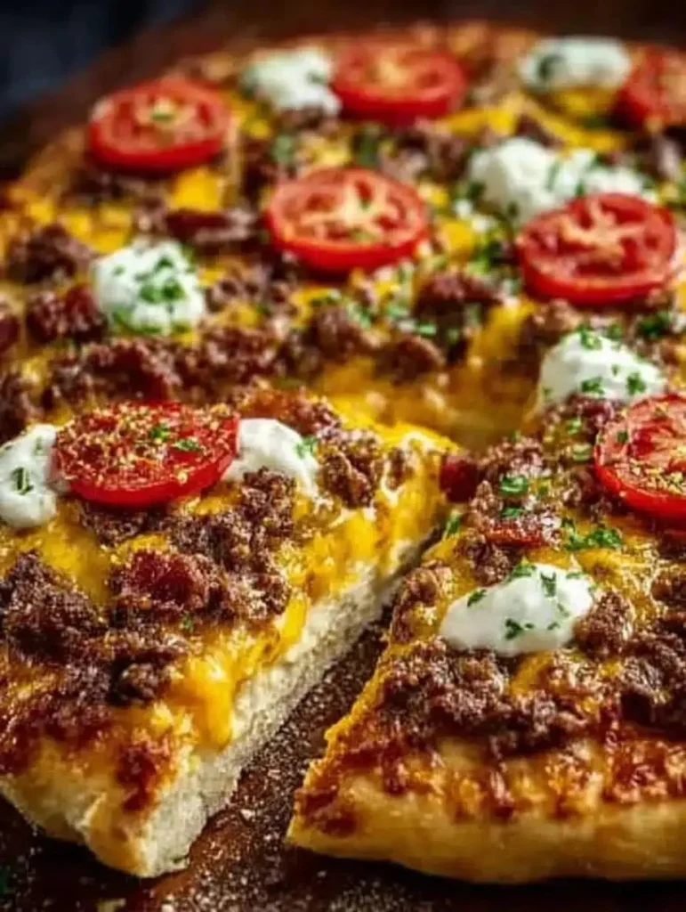Cheeseburger pizza topped with beef, cheese, and pickles for a delicious twist.