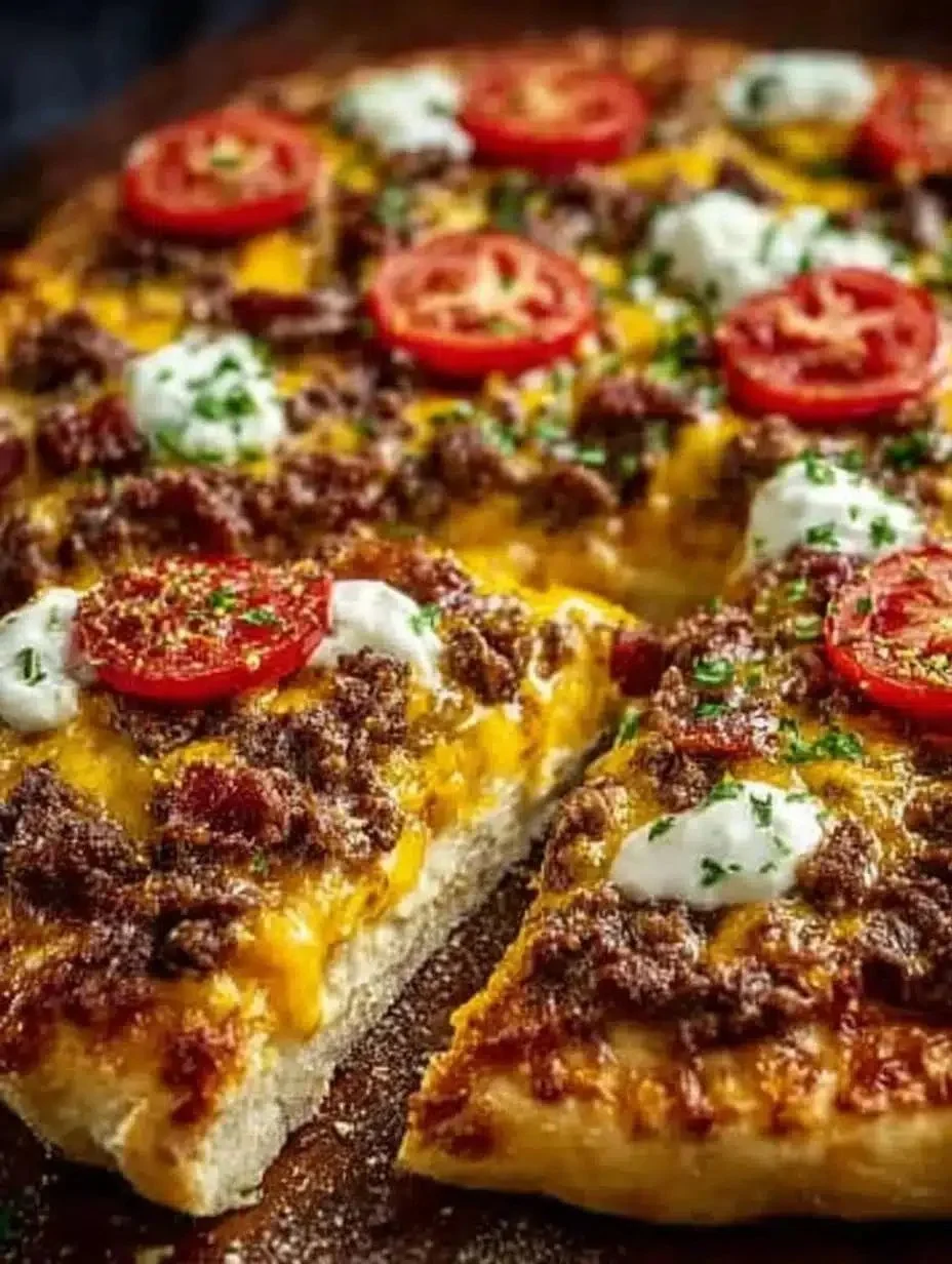 Cheeseburger Pizza 1 Cheeseburger pizza topped with beef, cheese, and pickles for a delicious twist.
