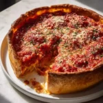 Slice of Chicago-style deep dish pizza topped with Italian sausage and melted cheese