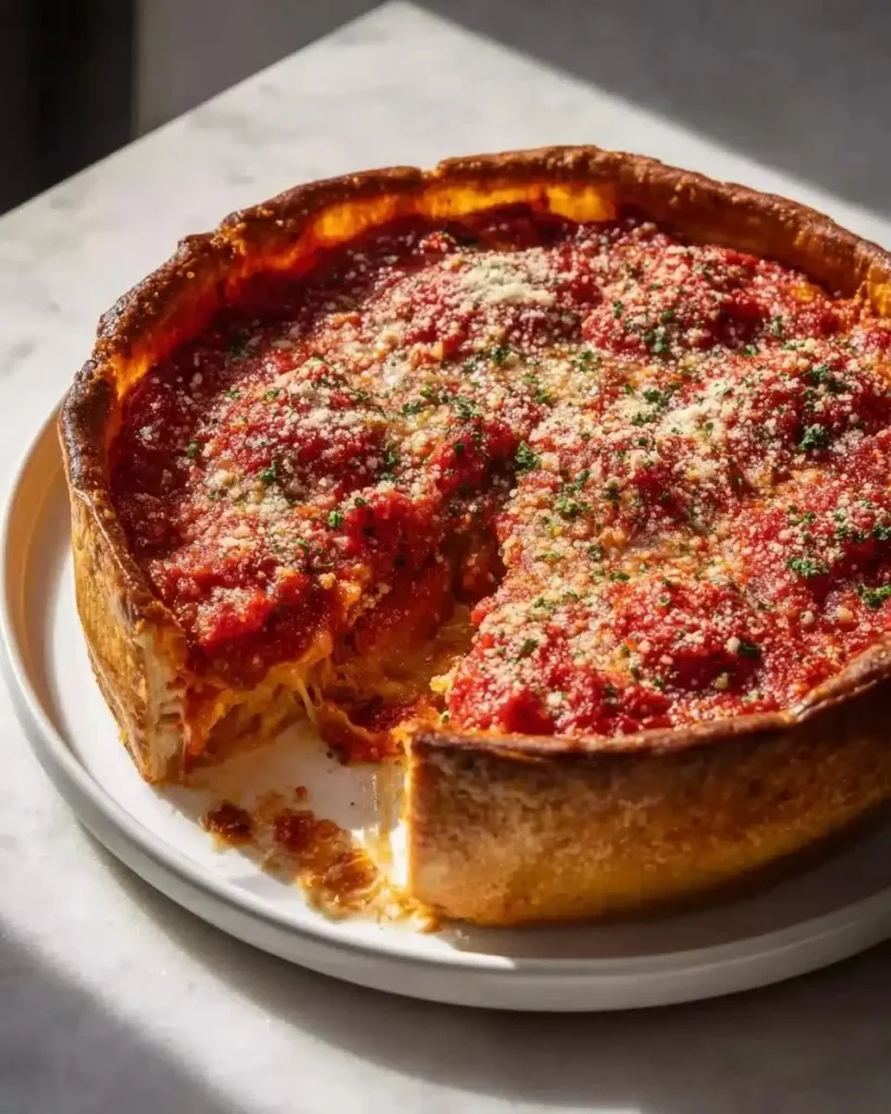 Slice of Chicago-style deep dish pizza topped with Italian sausage and melted cheese