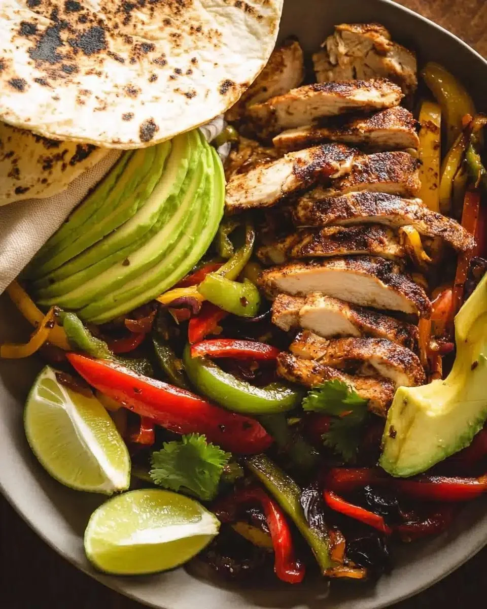 Delicious chicken fajitas served on a plate with fresh vegetables and tortillas.