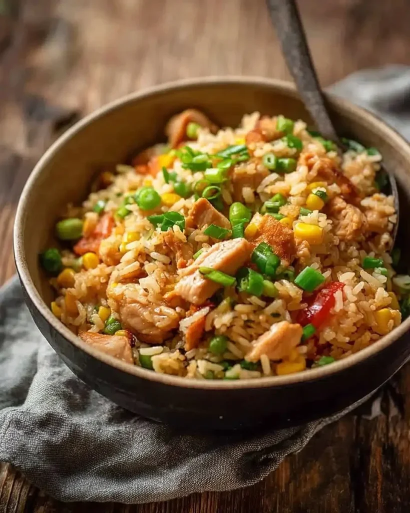 Delicious chicken fried rice served in a bowl with colorful vegetables