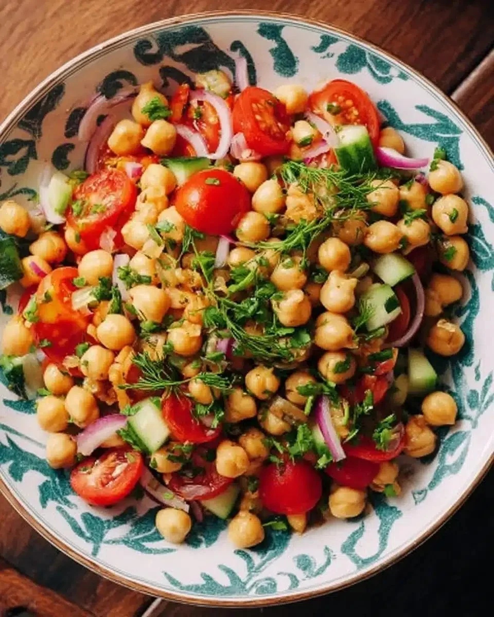 Colorful chickpea salad with fresh vegetables in a bowl