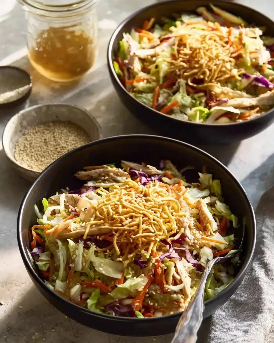 Chinese Chicken Salad topped with crunchy sesame dressing and fresh vegetables.