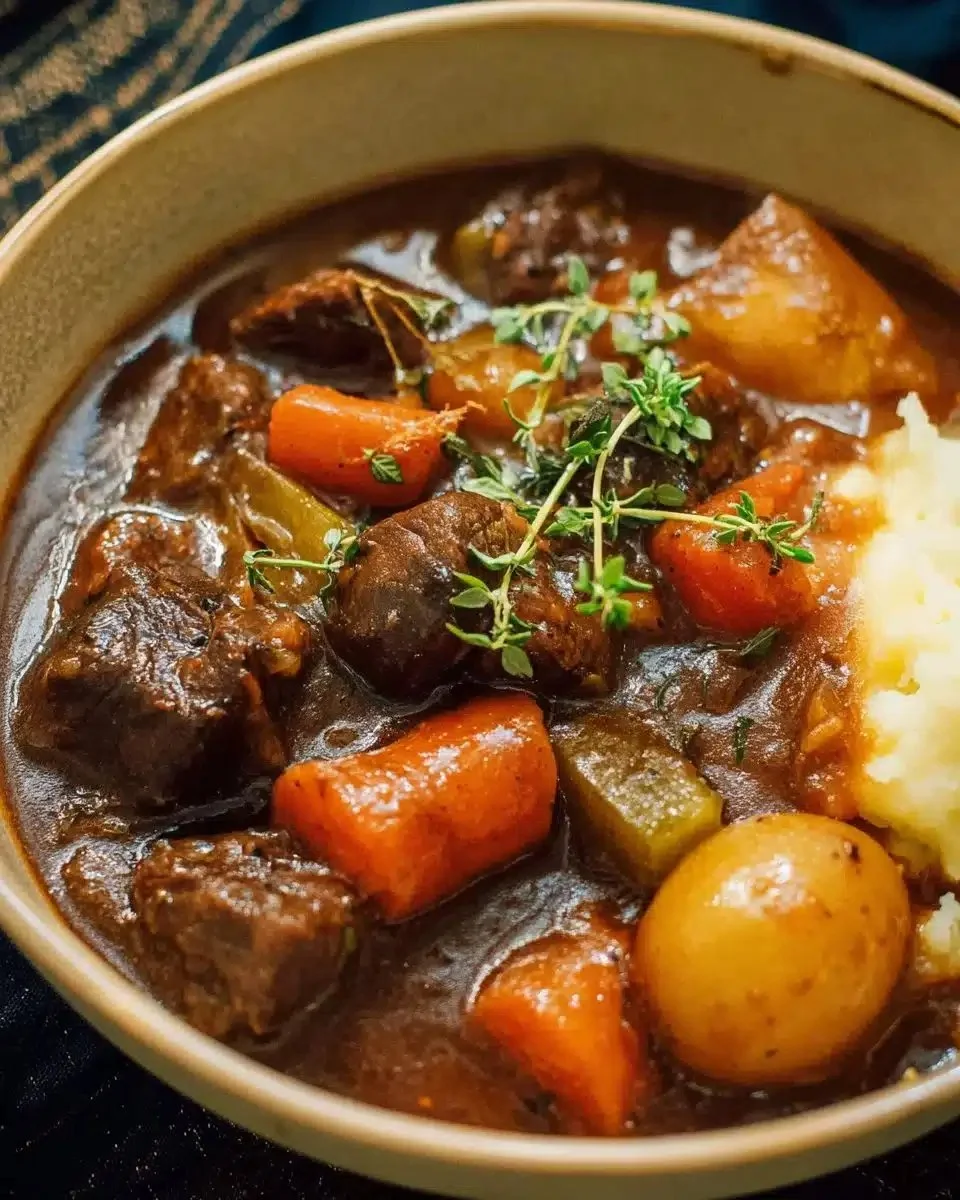 Bowl of classic beef stew with carrots, potatoes, and herbs