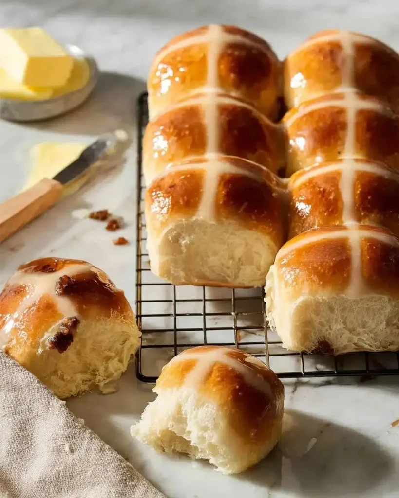 Freshly baked classic hot cross buns with spices and cross icing on top