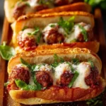 Delicious classic Italian meatball sub with marinara and melted cheese