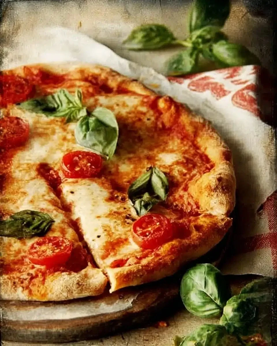 Classic Neapolitan Margherita at Home 1 A delicious homemade Neapolitan Margherita pizza topped with fresh basil.
