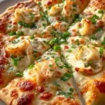 Crispy Crab Rangoon Pizza topped with cream cheese and crab meat