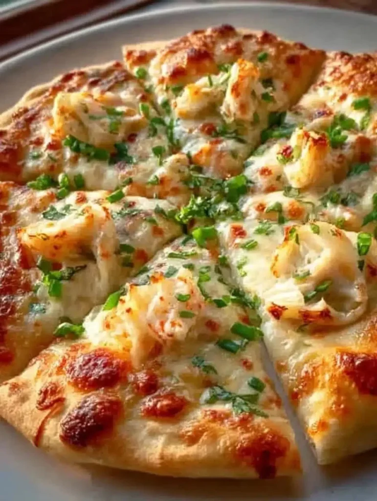 Crispy Crab Rangoon Pizza topped with cream cheese and crab meat