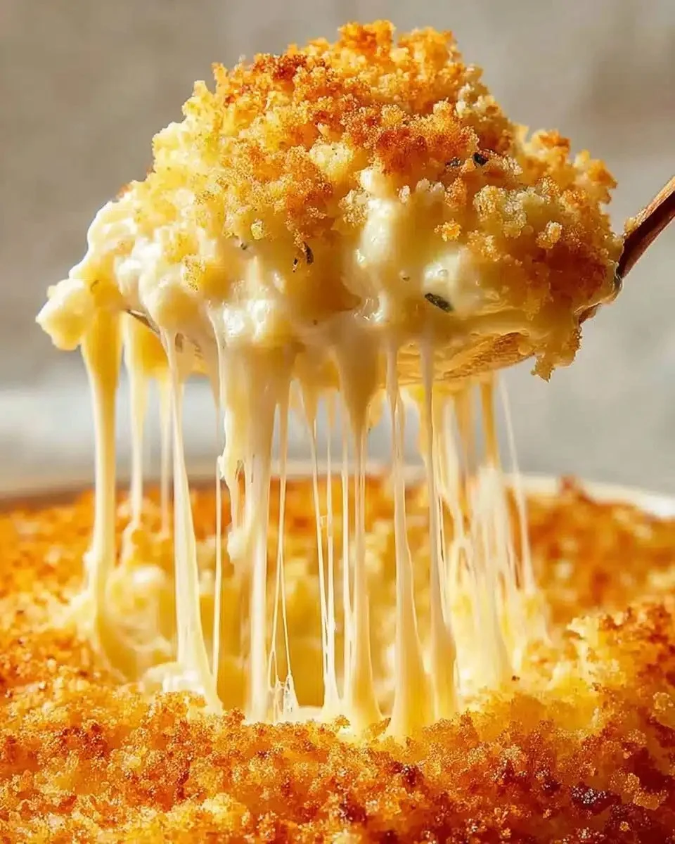 Creamy Baked Mac and Cheese 1 Creamy baked mac and cheese in a casserole dish, topped with golden breadcrumbs.