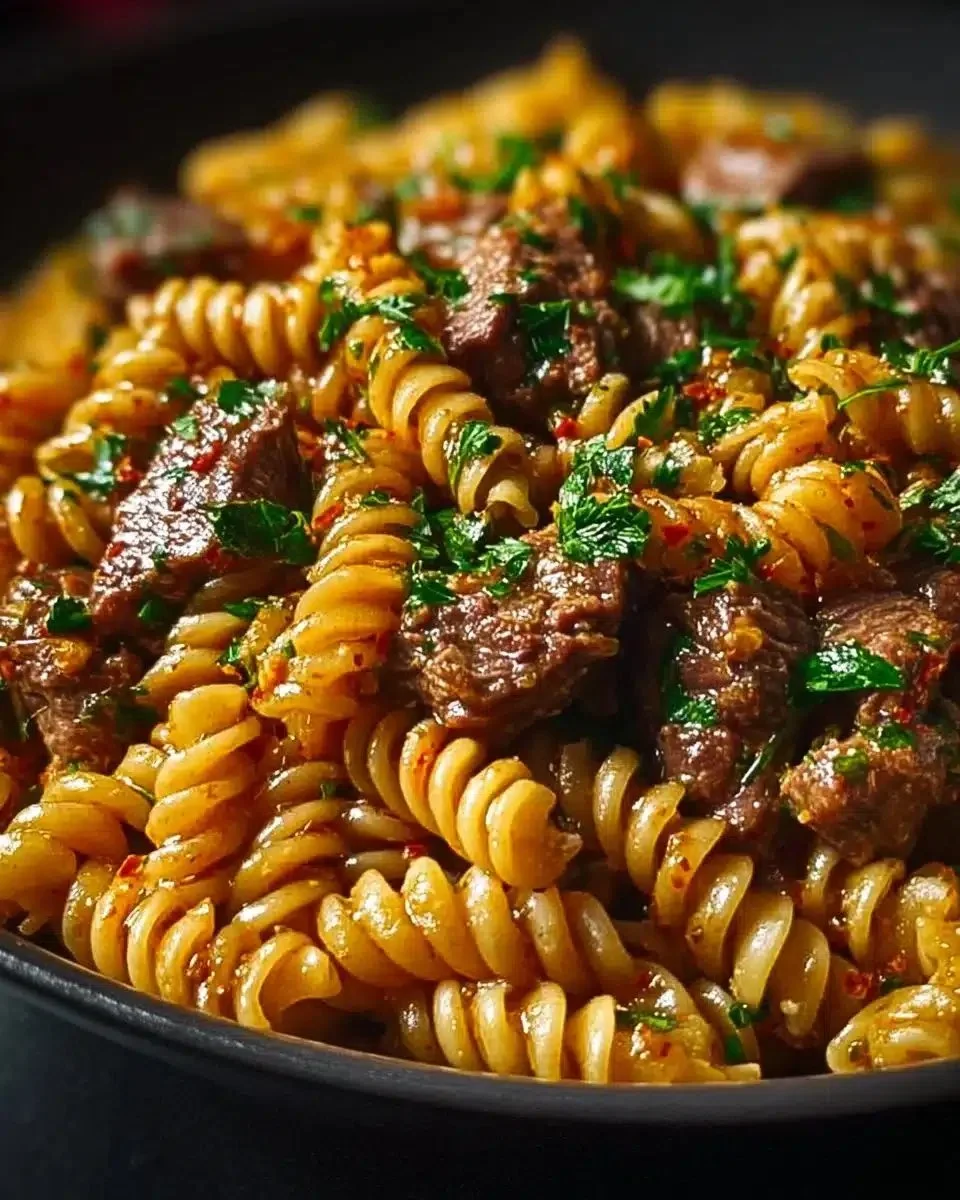 Creamy garlic butter steak pasta served in a bowl for a delicious one-pot dinner