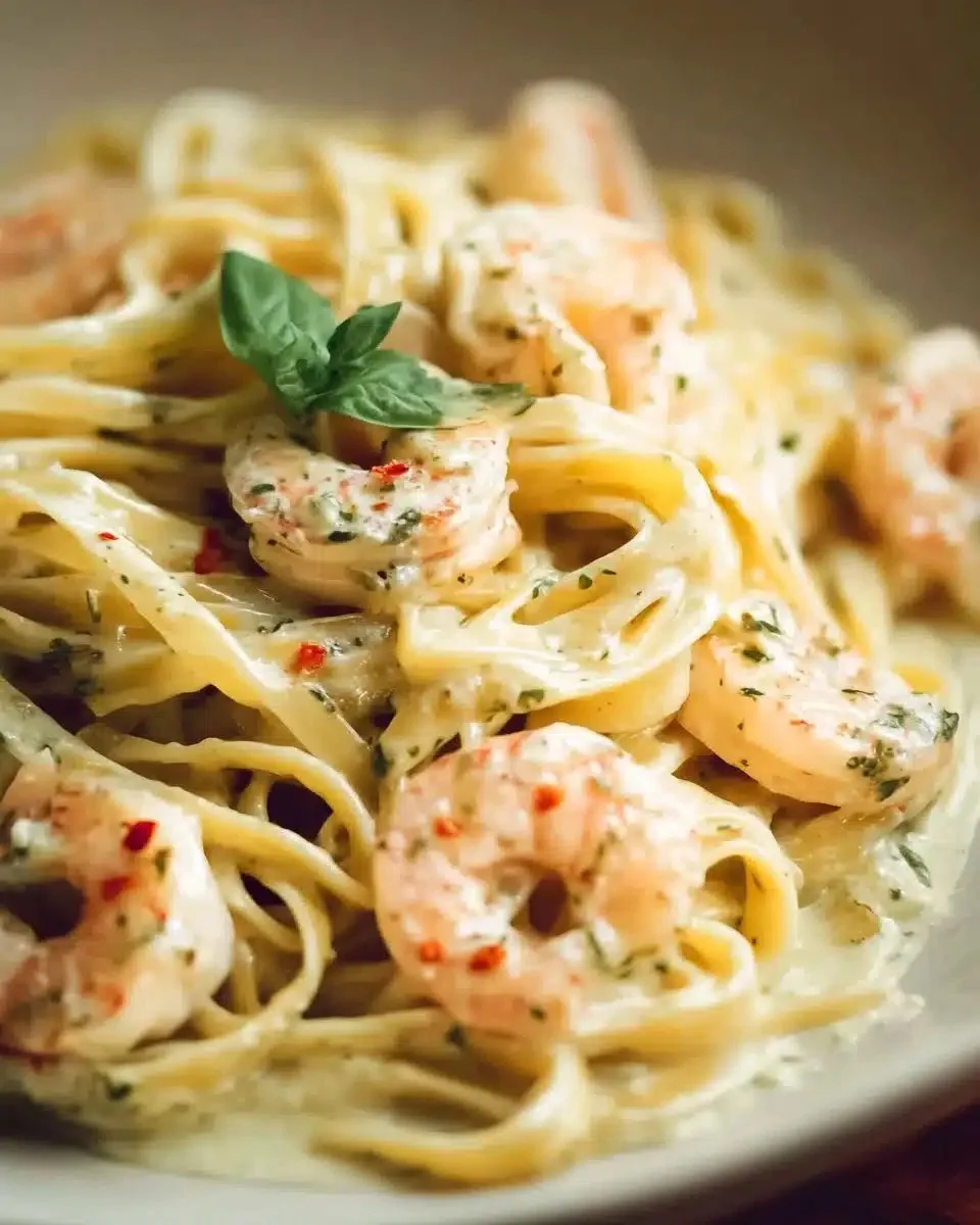 Delicious creamy garlic prawn pasta garnished with herbs on a plate.