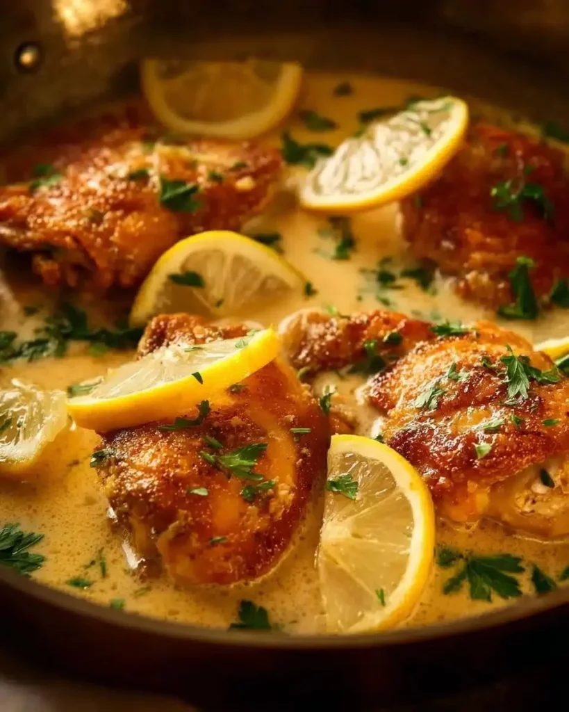 Creamy lemon chicken breast served with fresh herbs and lemon wedges