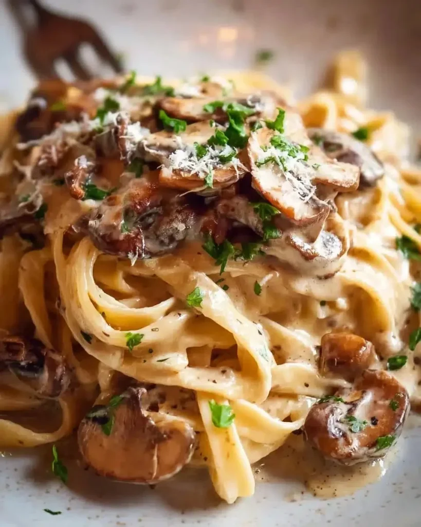 Creamy mushroom pasta served alongside fresh herbs and cheese