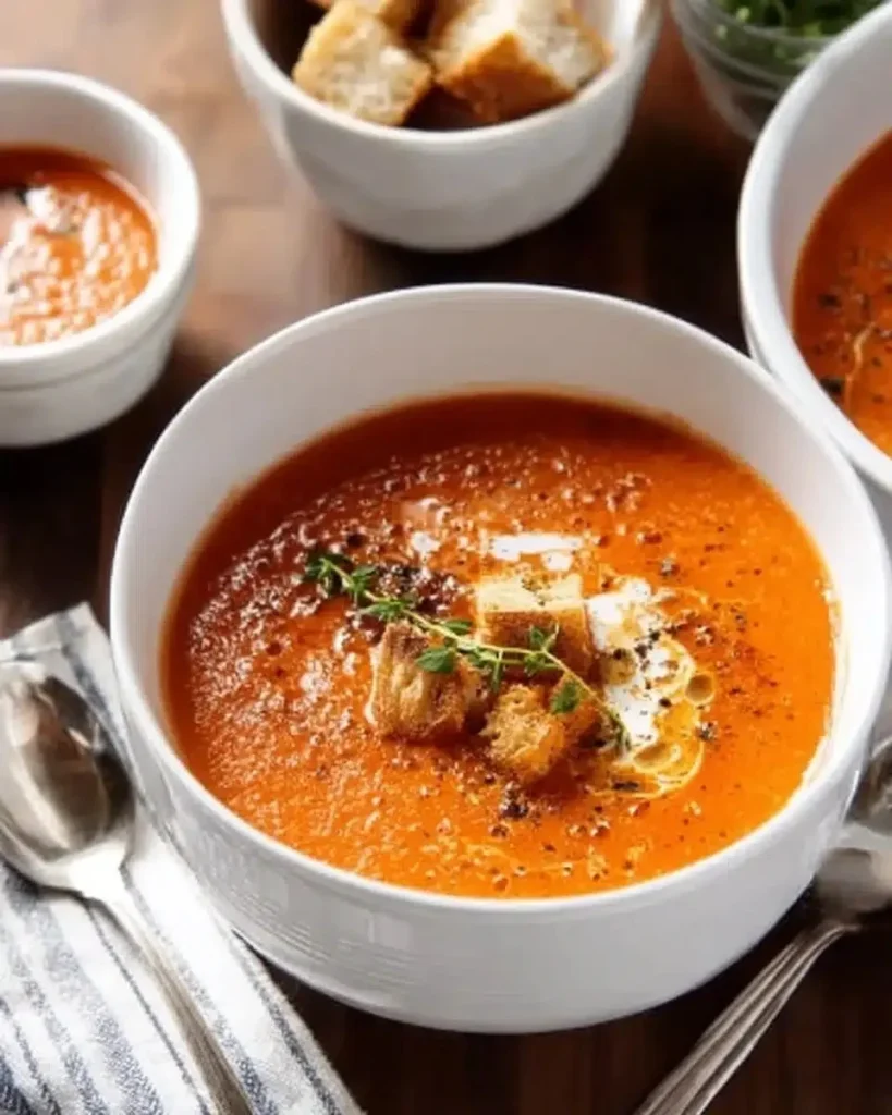 Bowl of creamy tomato soup garnished with herbs for a comforting meal.
