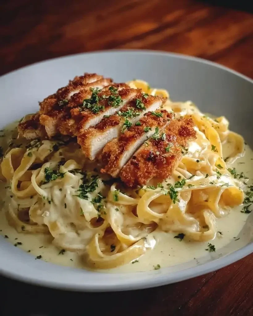 Delicious crispy chicken served with creamy pasta for a comforting meal