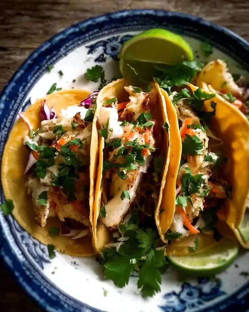 Crispy fish tacos served with lime slaw on a plate