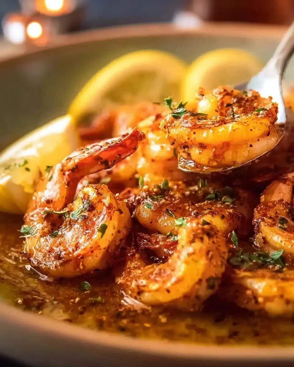 Crispy Grilled Shrimp with Lemon Butter Sauce 1 Crispy grilled shrimp drizzled with zesty lemon butter sauce on a plate