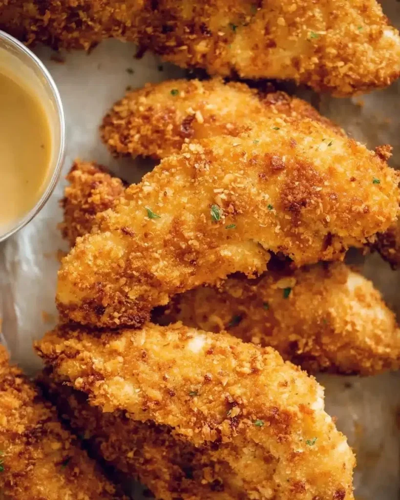 Crispy golden oven baked chicken tenders on a plate with dipping sauce