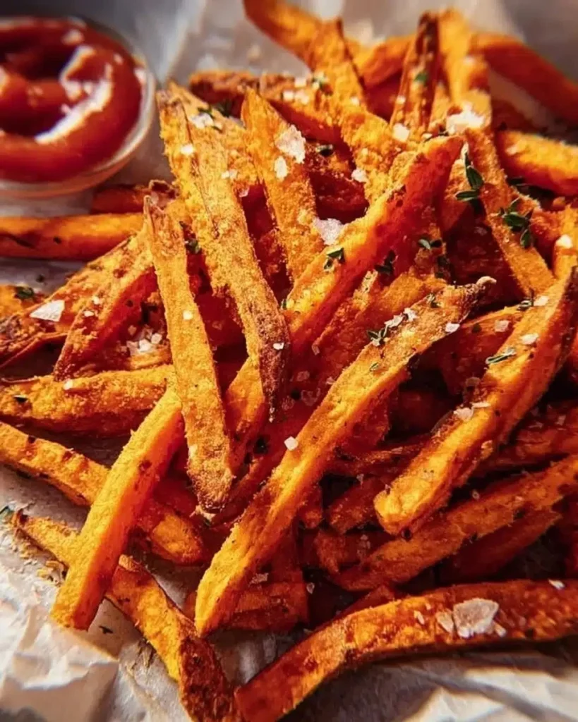 Crispy oven-baked sweet potato fries served on a plate, garnished with herbs.