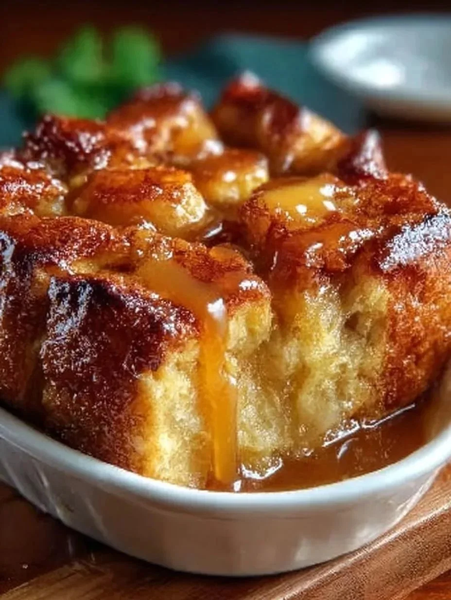 Croissant Bread Pudding with Caramel 1 Delicious croissant bread pudding with caramel sauce served in a dish