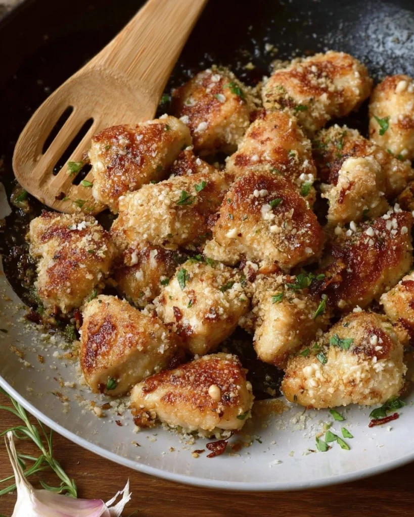 Delicious Garlic Parmesan Chicken Bites served on a plate.