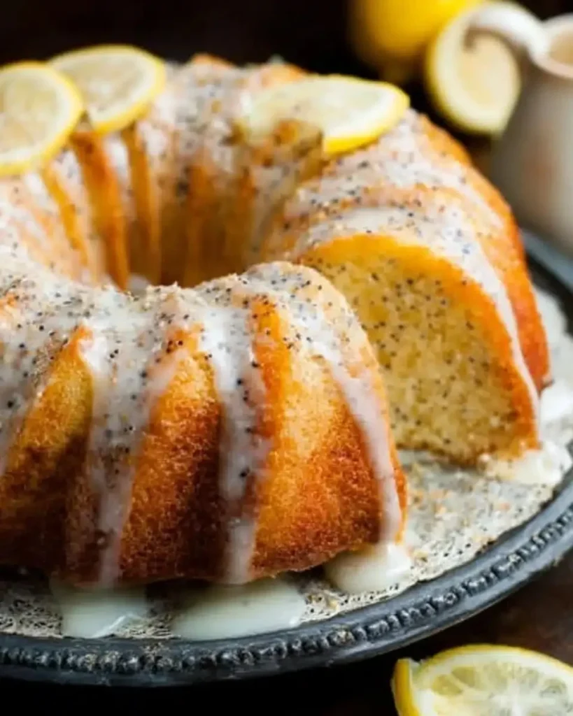Glazed lemon poppy seed bundt cake displayed on a rustic wooden table