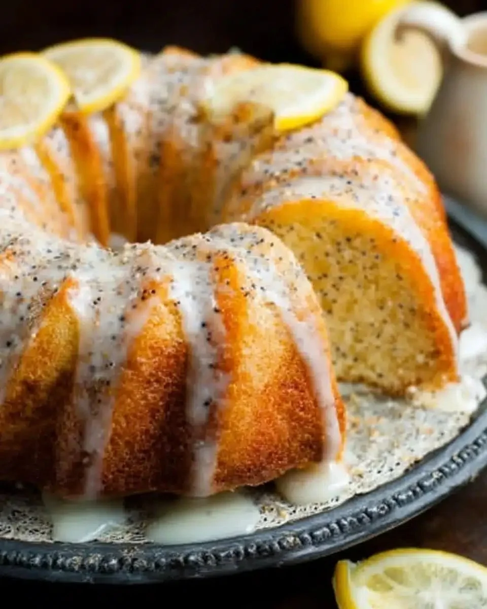 Glazed lemon poppy seed bundt cake displayed on a rustic wooden table