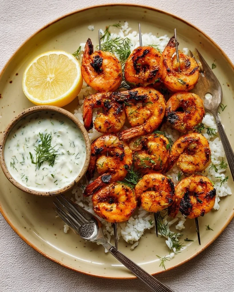 Greek-marinated shrimp skewers served with lemon-dill sauce on a platter.