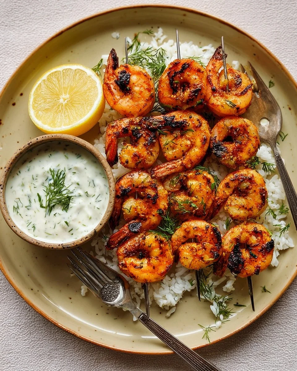 Greek-Marinated Shrimp Skewers with Lemon-Dill Sauce 1 Greek-marinated shrimp skewers served with lemon-dill sauce on a platter.