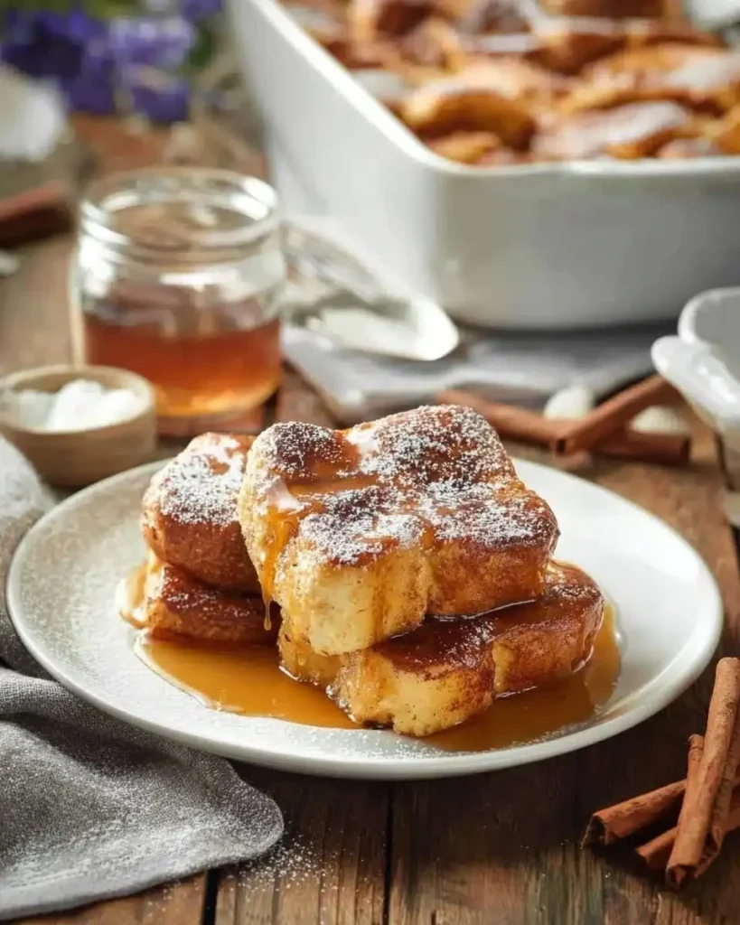 Delicious Hasselback Baked French Toast served with syrup and berries.
