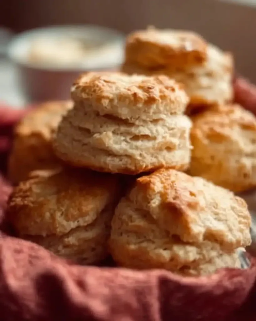 Flaky homemade buttermilk biscuits on a rustic wooden table