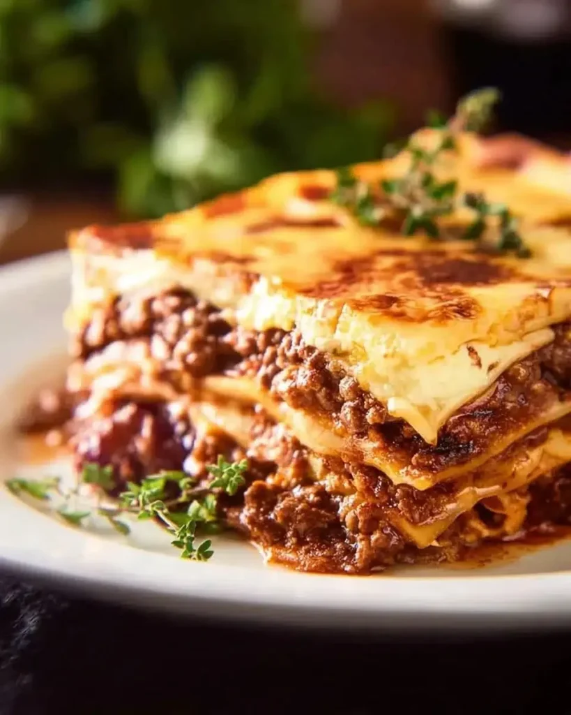 Layered meat and cheese lasagna with rich sauce and golden cheese