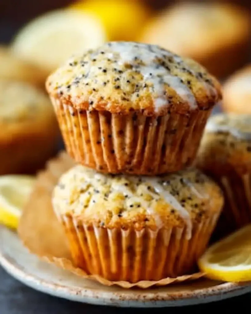 Freshly baked lemon poppy seed muffins on a plate