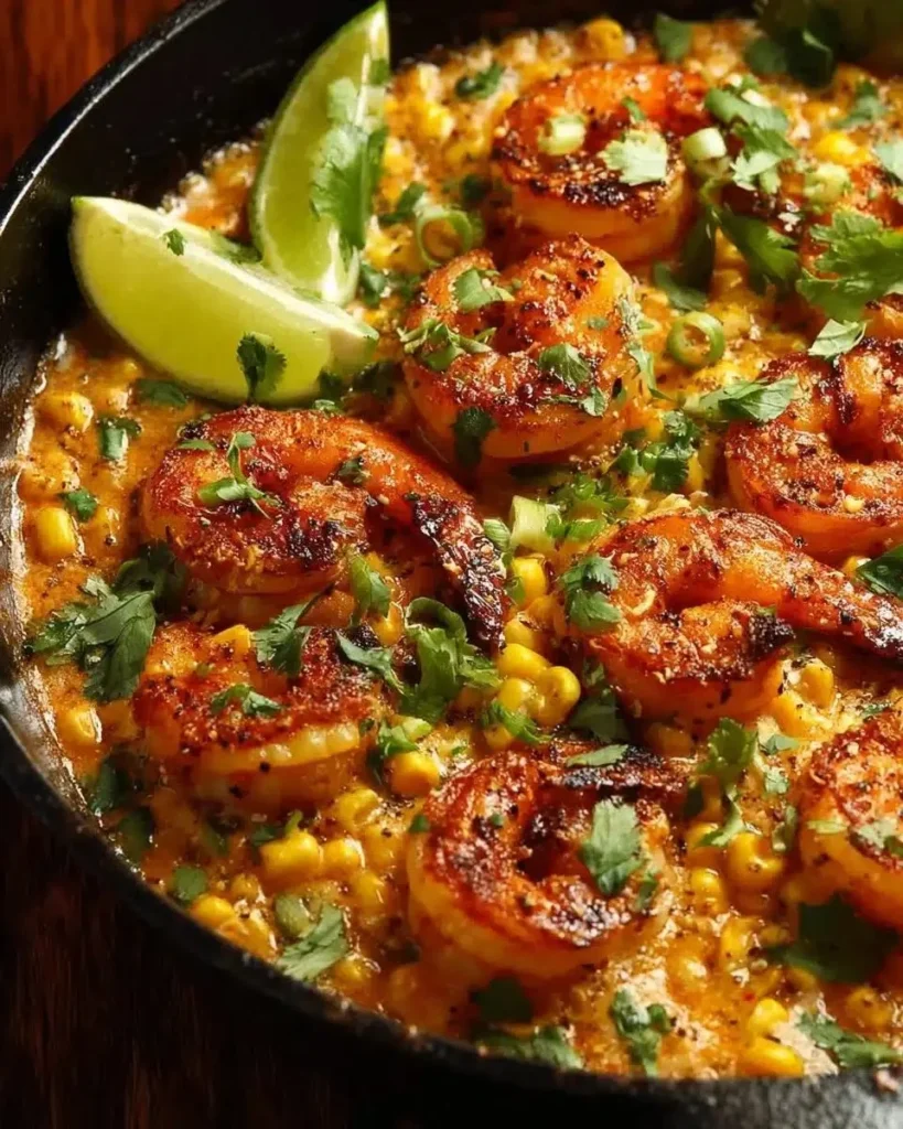 Mexican street corn topped with shrimp and creamy feta cheese sauce