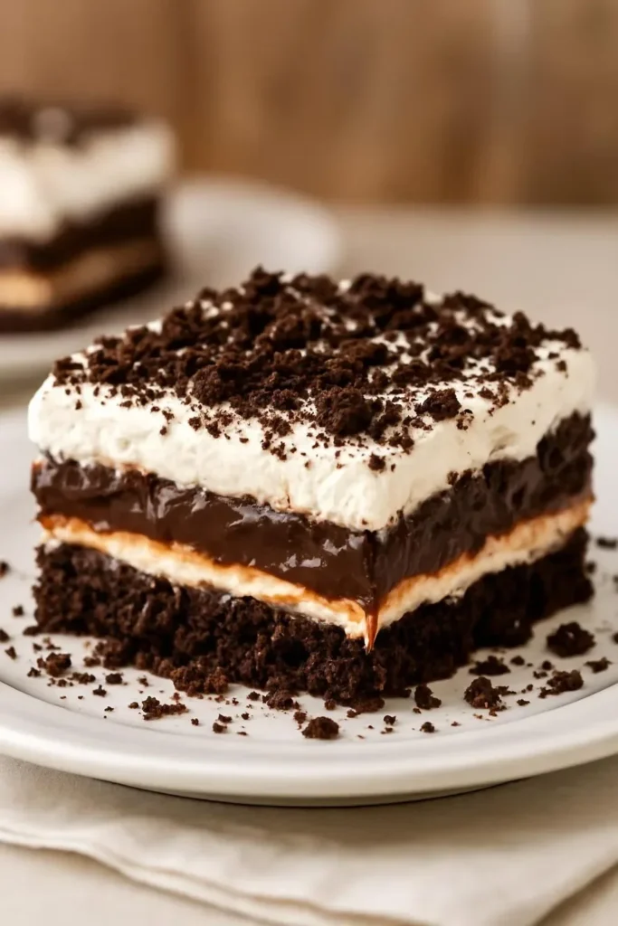 Delicious no bake Oreo dessert garnished with crushed Oreos and chocolate drizzle