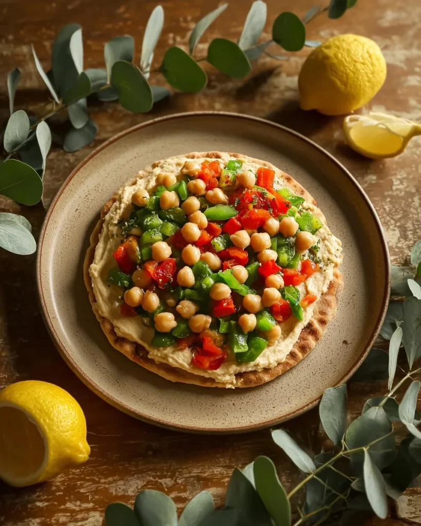 Delicious No-Cook Mediterranean Tostadas topped with fresh vegetables and herbs