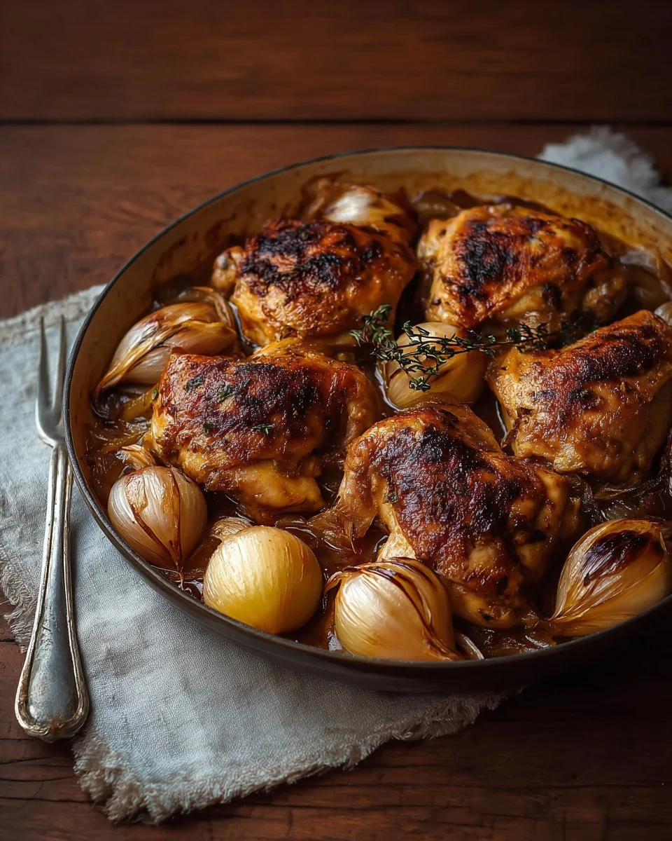 One-Pan Roast Chicken and Shallots 1 One-Pan Roast Chicken and Shallots served on a plate with herbs and vegetables