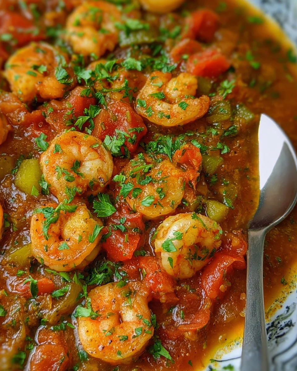 A colorful plate of One Pan Shrimp Creole with rice and fresh herbs.