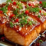 A plate of orange teriyaki salmon garnished with sesame seeds and green onions.