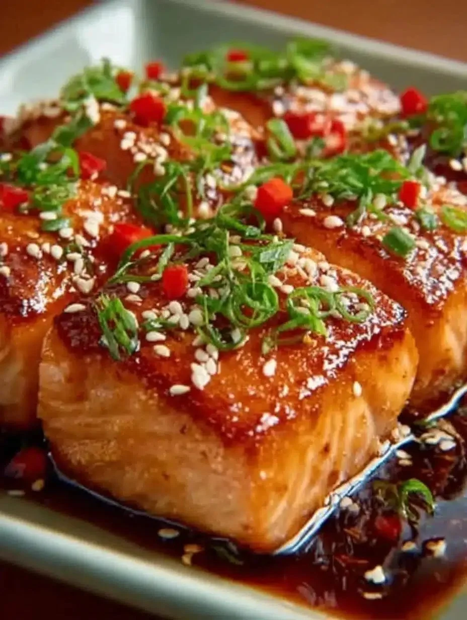 A plate of orange teriyaki salmon garnished with sesame seeds and green onions.