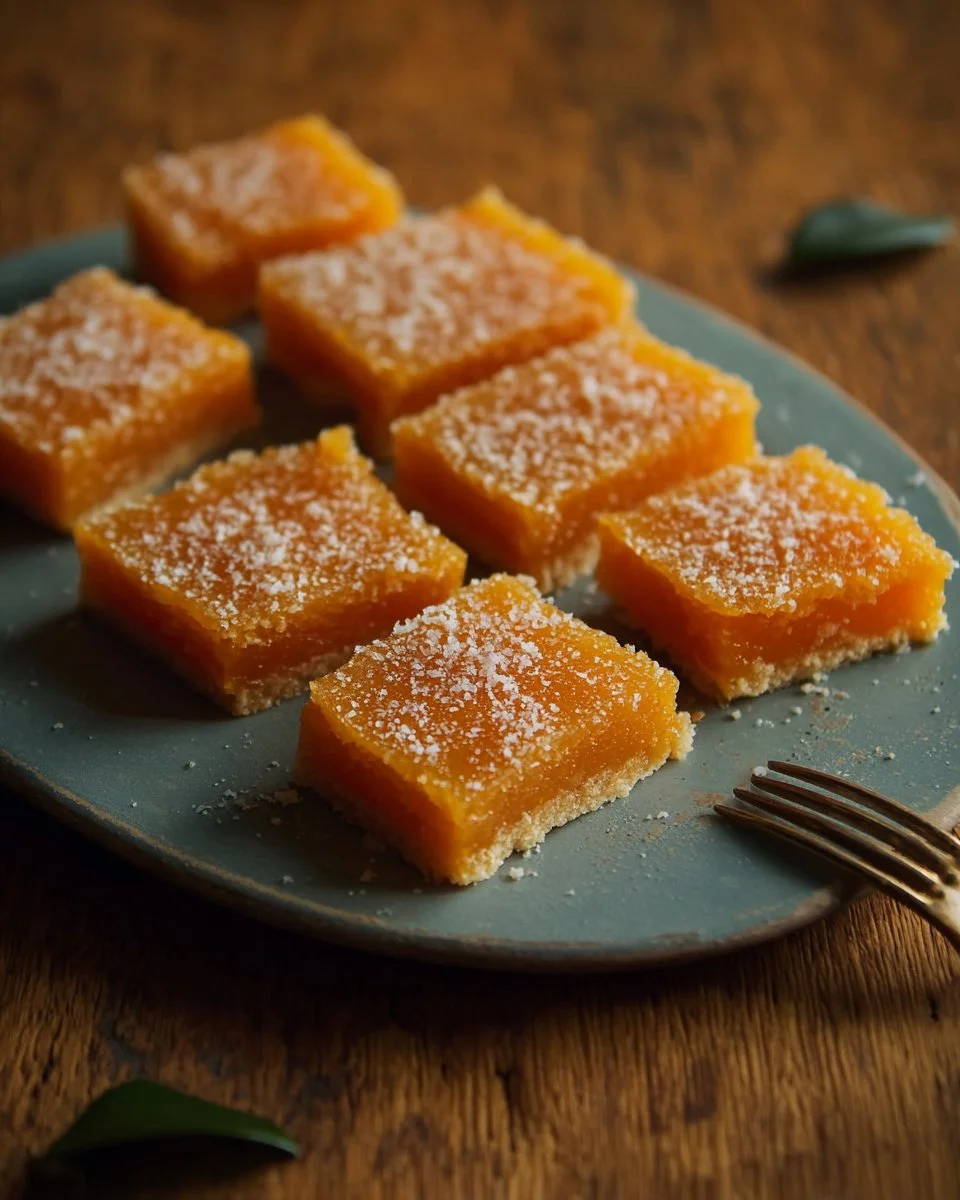 Homemade papaya bars ready to be served, garnished with fresh papaya slices.