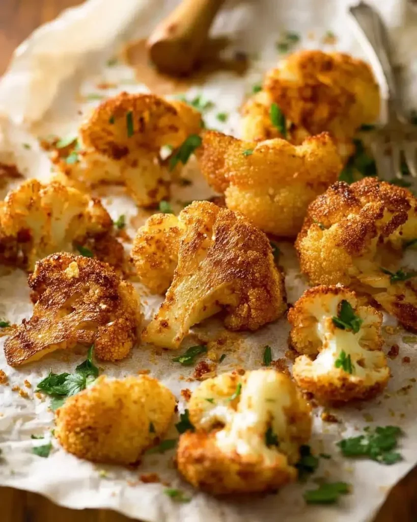 Parmesan-crusted roasted cauliflower on a plate with herbs